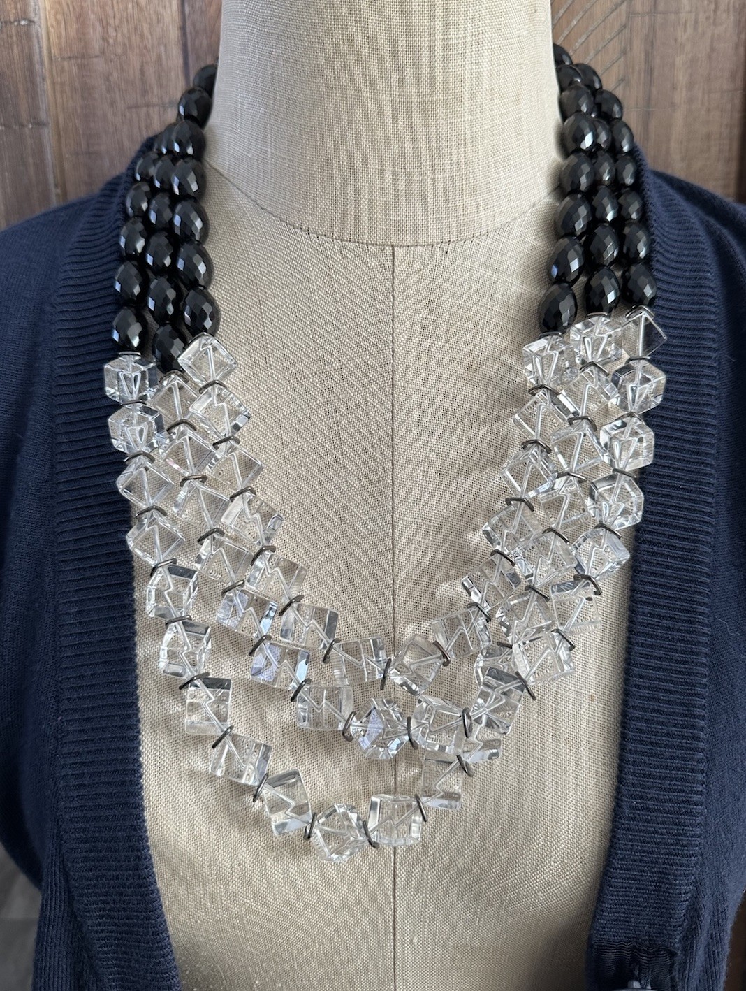 Simon Alcantara Faceted Black Bead Cube Quartz Clear Strand Statement Necklace
