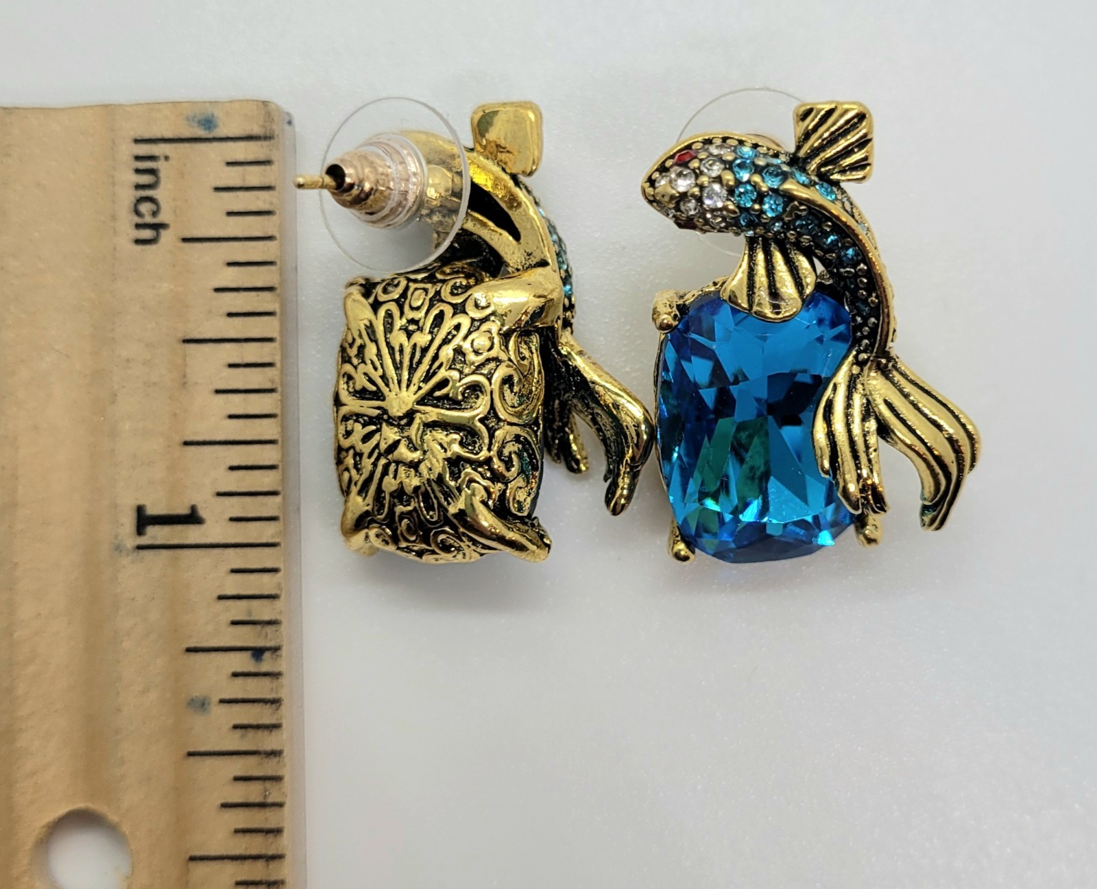 Koi Fish Earrings VTG Gold Fish BLUE Crystal Nouveau Ornate Art Deco CZ Cluster