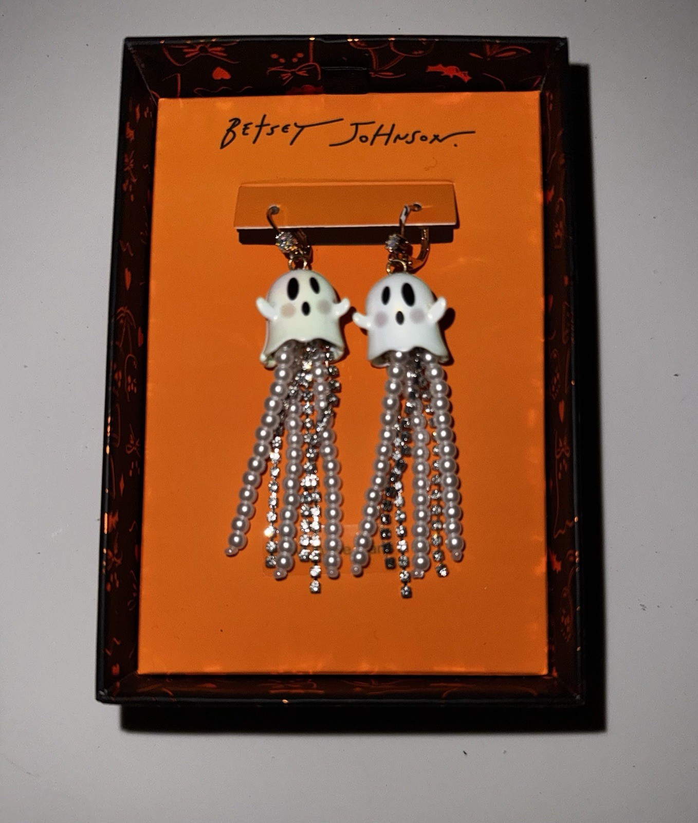 Betsy Johnson NIB Halloween Ghost Dangle Crystal Glow in the Dark Earrings