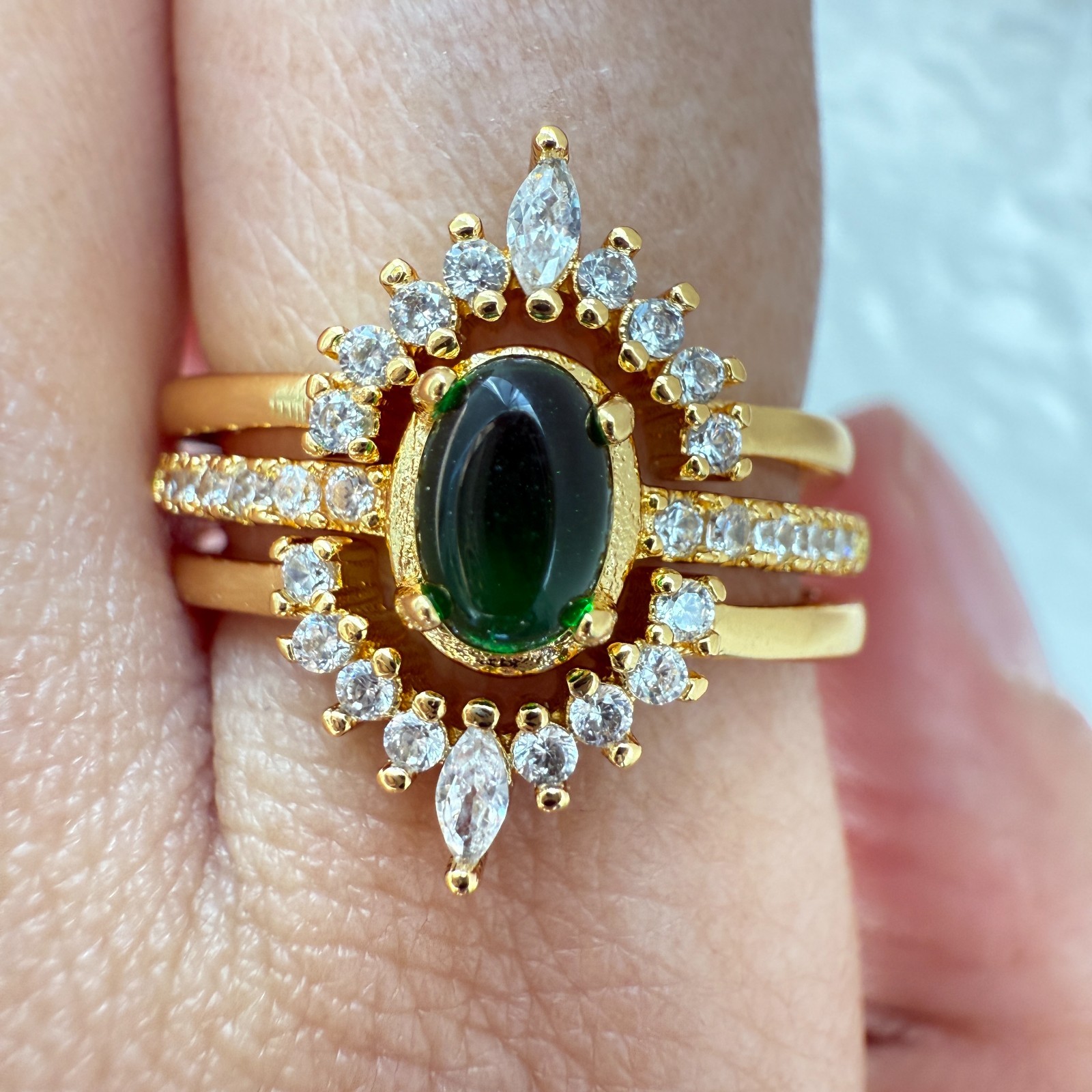 925 Sterling Silver Ring 3in1 6x4mm Green Natural Emerald Gemstone Zircon Flower