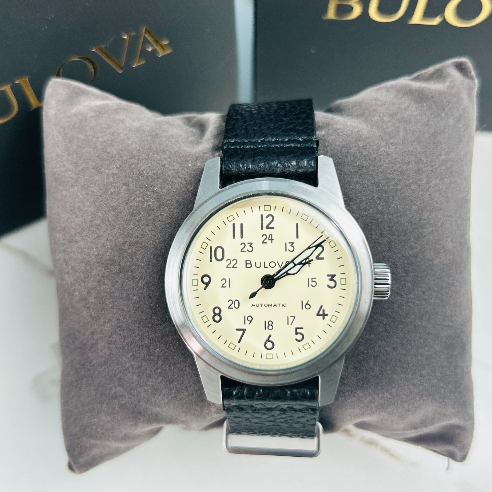 Bulova Men’s Classic Hack Watch 96A246 Ivory Dial Black Leather Automatic Watch