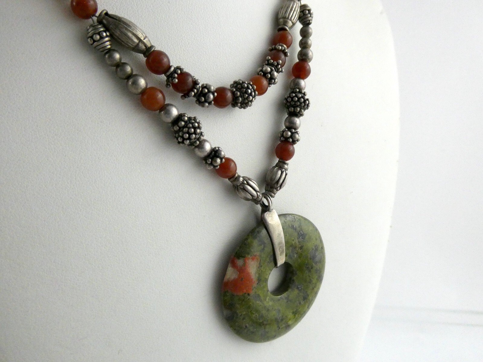 Sterling Silver Unakite Carnelian Double Strand Pendant Necklace 925 44.5g 15 In