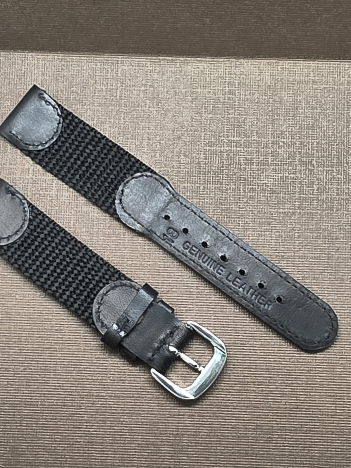 Vintage NOS Swiss Army Style 18mm Black Stitched Leather & Nylon Watch Band