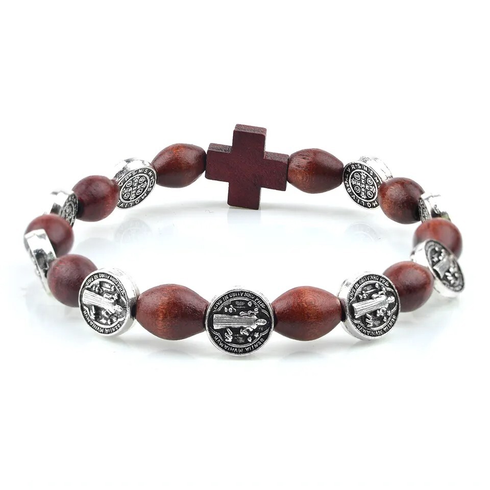 Catholic Town bracelet with St Benedict alloy beads, oval wood beads and cross