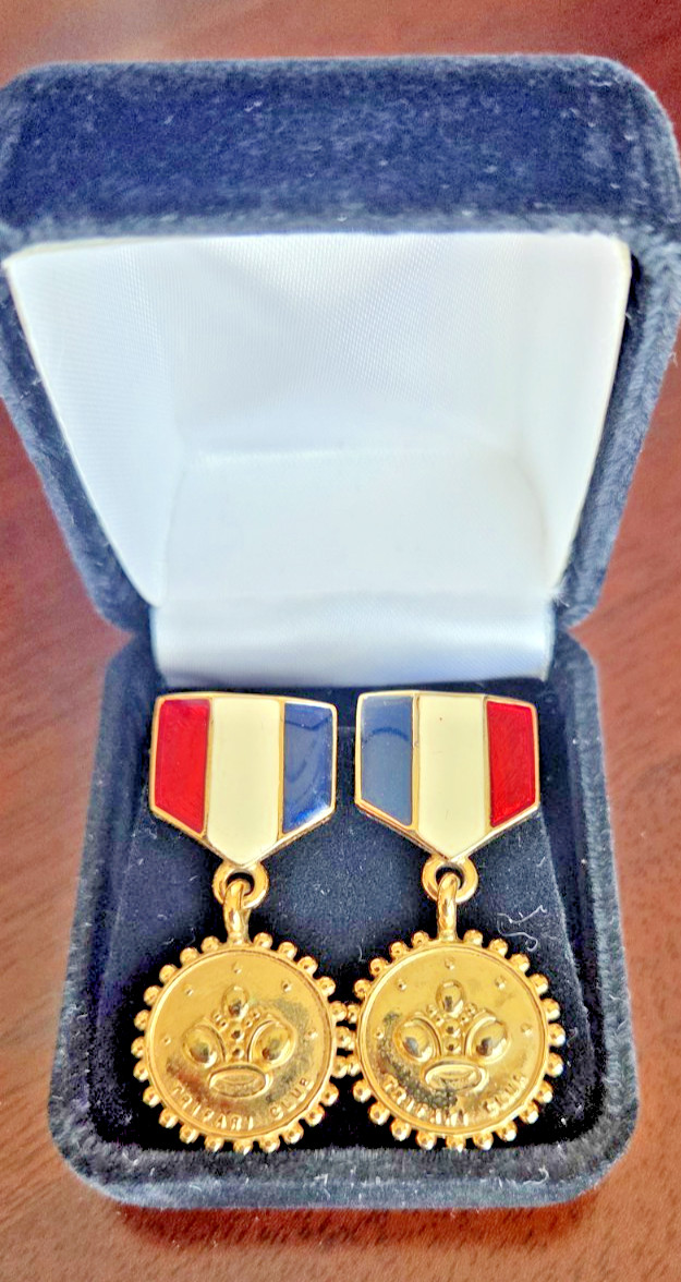 Vintage Trifari Club Red, White, and Blue Enamel Gold-tone Medallion Earrings