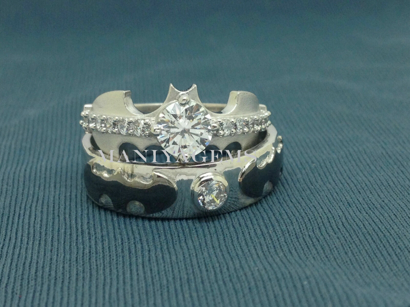 Batman Inspired Round Cut Moissanite 14k White Gold Engagement Bridal Ring Set