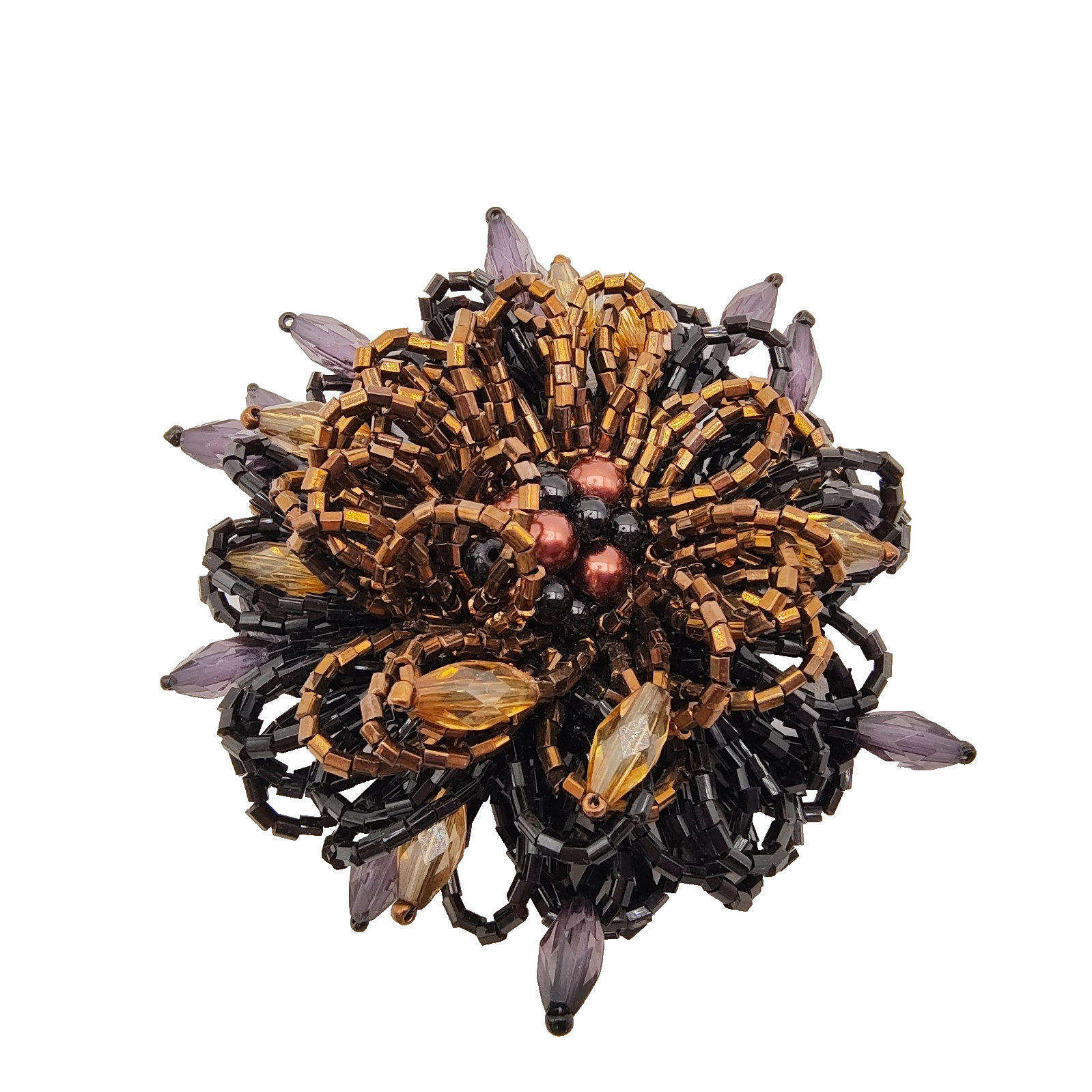 Beaded Flower Brooch Brown Black Boho Glam Maximalist Style Fashion Large