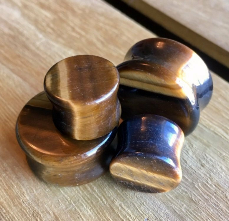 PAIR Yellow Tiger Eye Stone Plugs Gauges – 4mm (6g) to 25mm (1″) available!