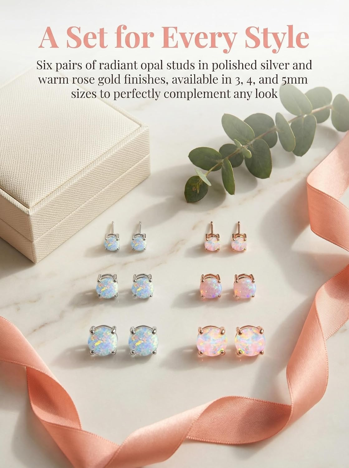 6 Pairs Stud Earrings Set, 3-5Mm Opal Stud Earrings for Women 316L Stainless Ste