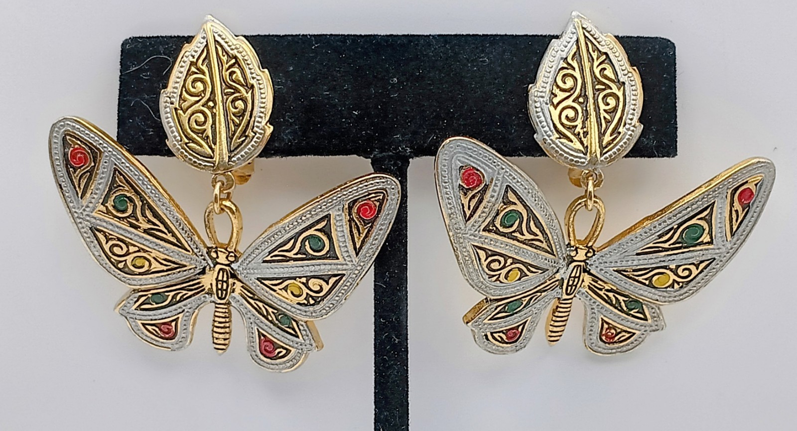 Vintage Toledo Spain Damascene Butterfly Earrings Large Statement Enamel Clip On