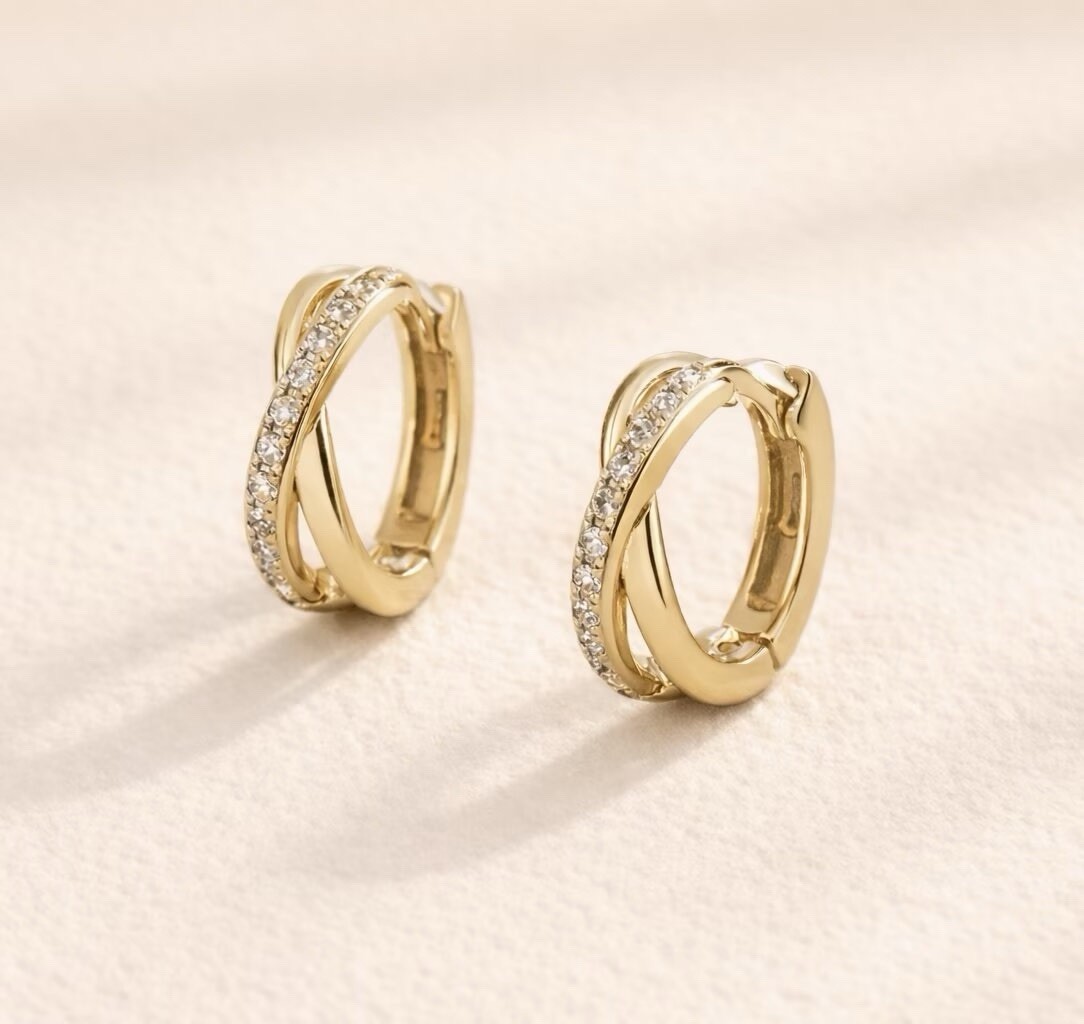 925 Silver Twisted CZ Crossover Hoop Earrings Criss Cross Huggie Earrings 129