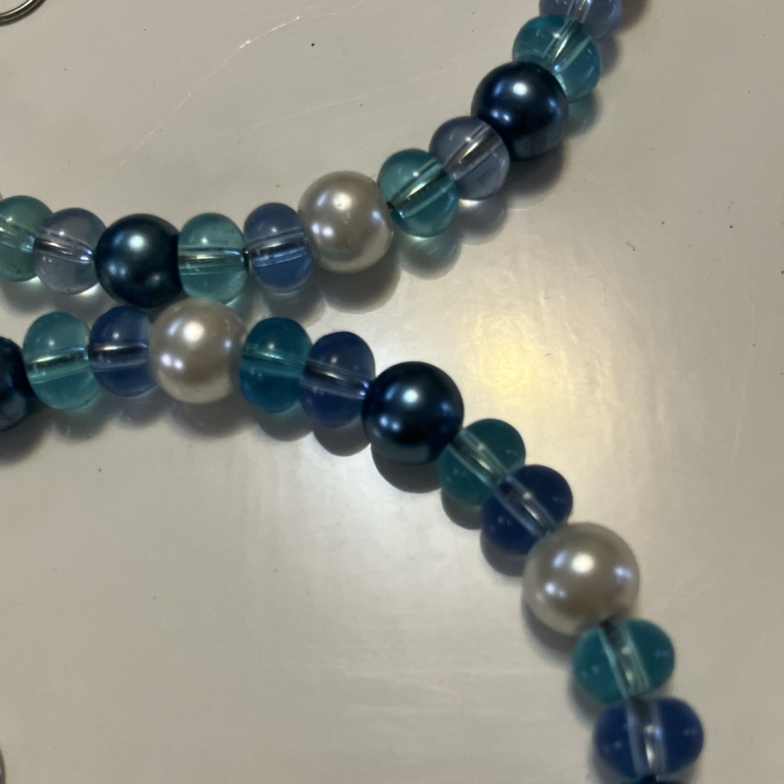 Handcrafted Artisan Beaded Glass Hoop Earrings Brown Blue White Round Hook Lobe