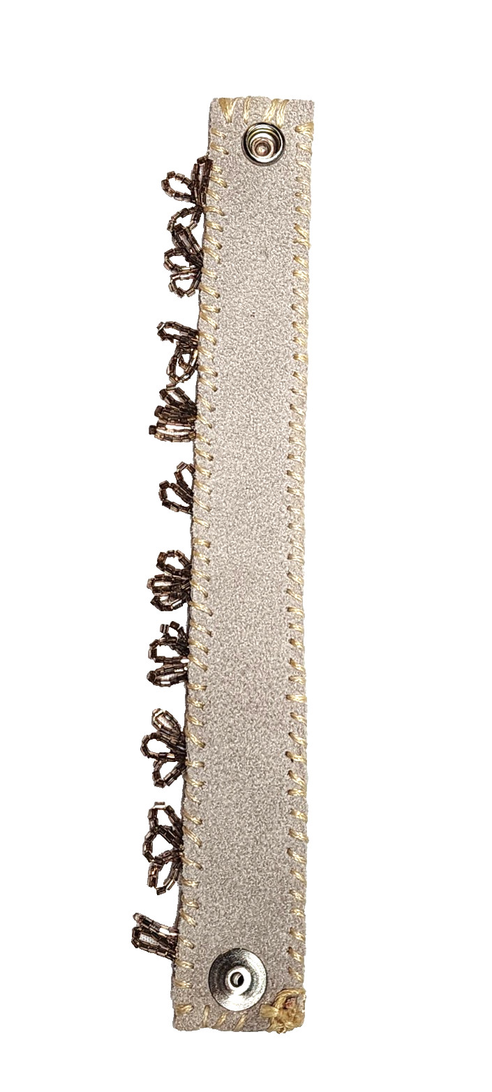 Handmade Cream White Genuine Leather Champagne Glass Beaded Cuff Bracelet Boho
