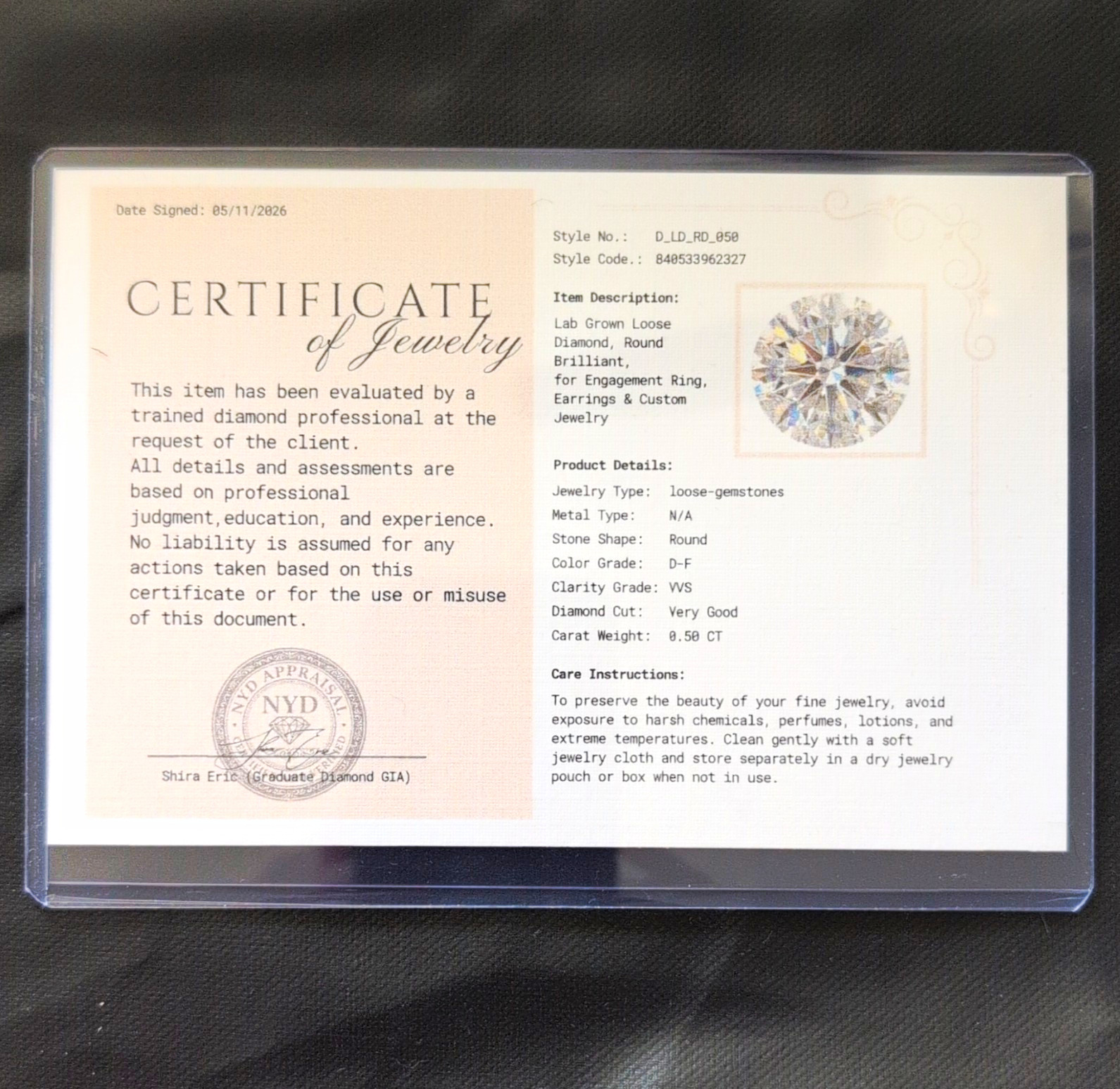 Lab-Created Round Brilliant Diamond 0.50ct D-F VVS Very Good Cut NYD Appraisal