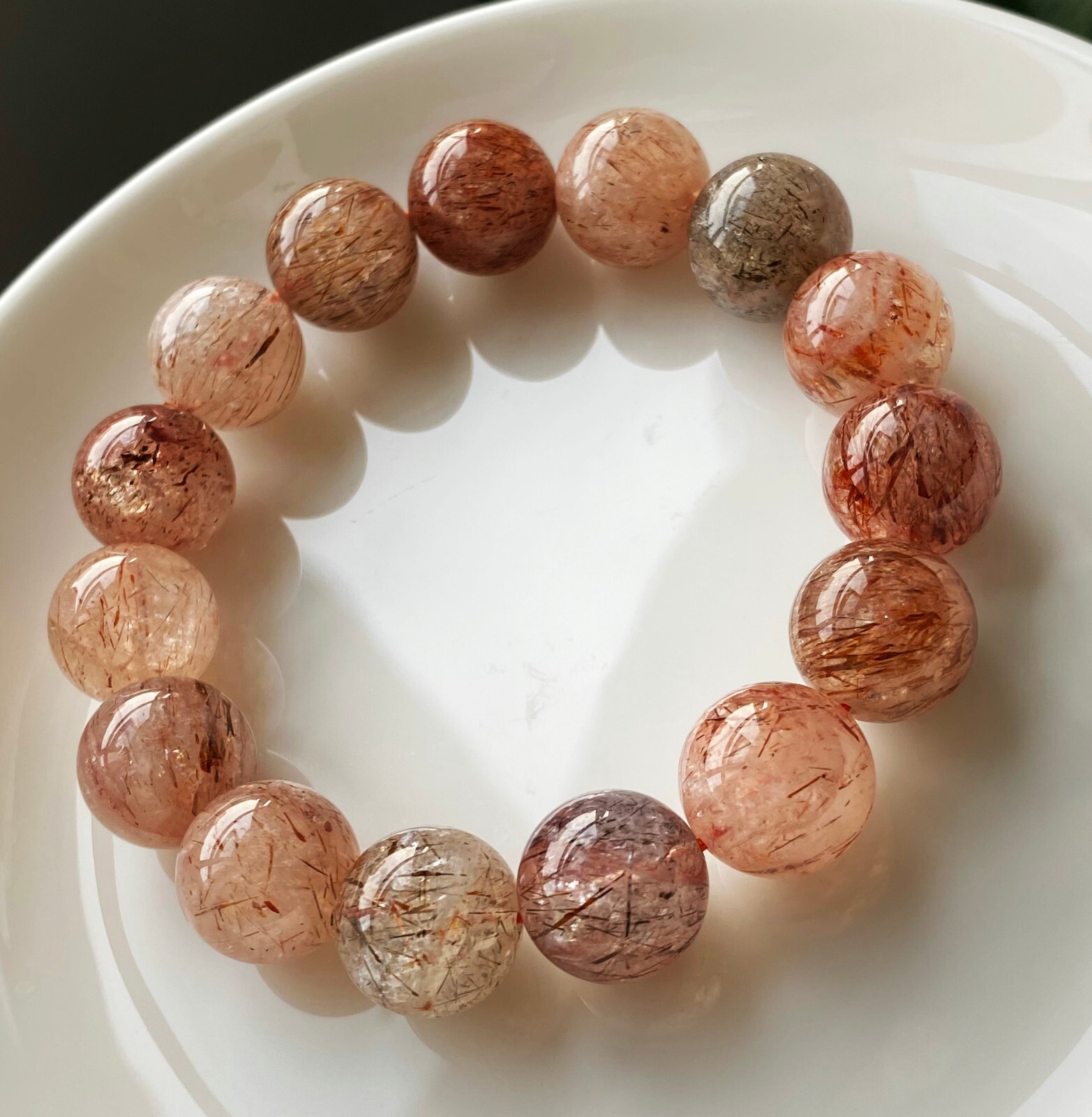 13.4mm Natural Red Gold Rutilated Quartz Crystal Beads Bracelet C758