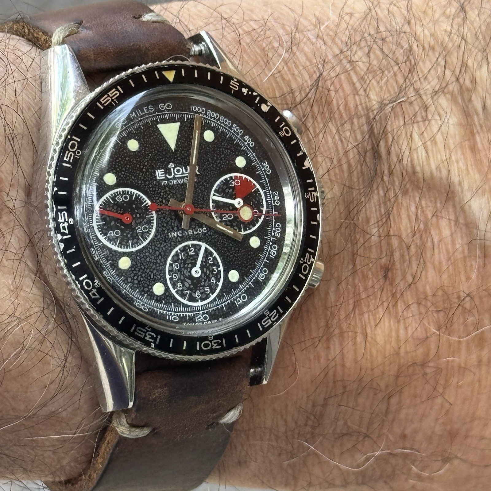 Vintage Chronograph Valjoux 3Reg LeJour 70s Watch 39mm JP Pingouin C O Swiss