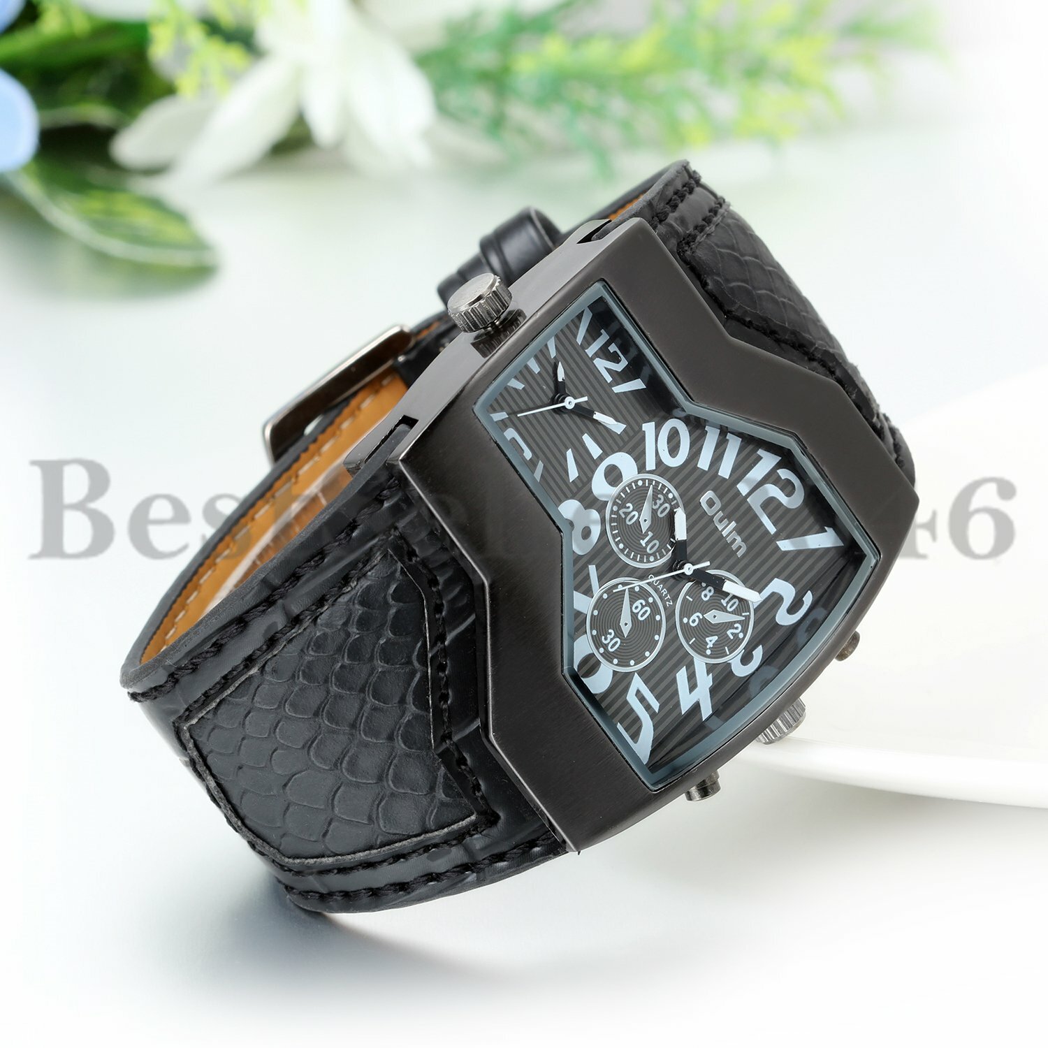 Military Dual Time Zone Irregular Dial Leather Band Men Sport Quartz Wrist Watch