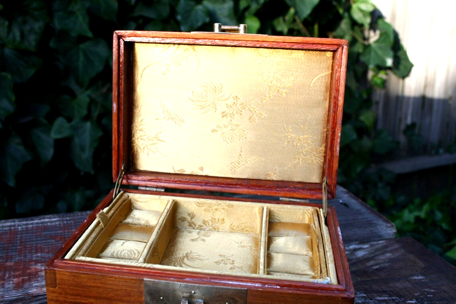Vintage Chinese Wood & Brass Jewelry Box with Gold Silk Lining Dovetailed