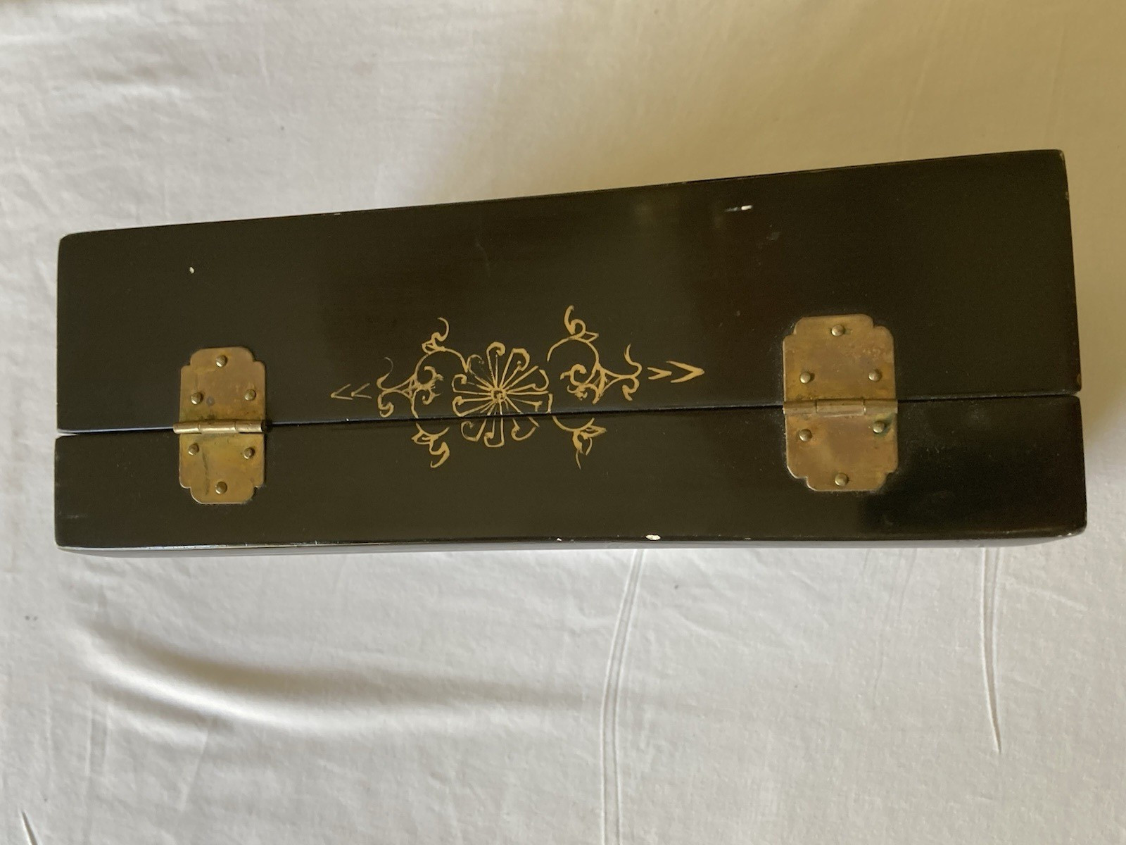 Mid Century Black Lacquer Asia MOP Inlaid Jewelry Box With Removable Tray