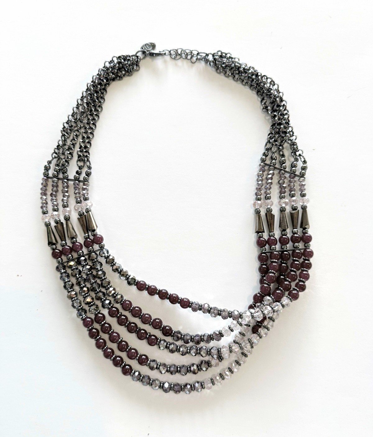 Silver Tone Purple Glass Beaded Multi-Strand Layered Necklace Lobster Adjustable