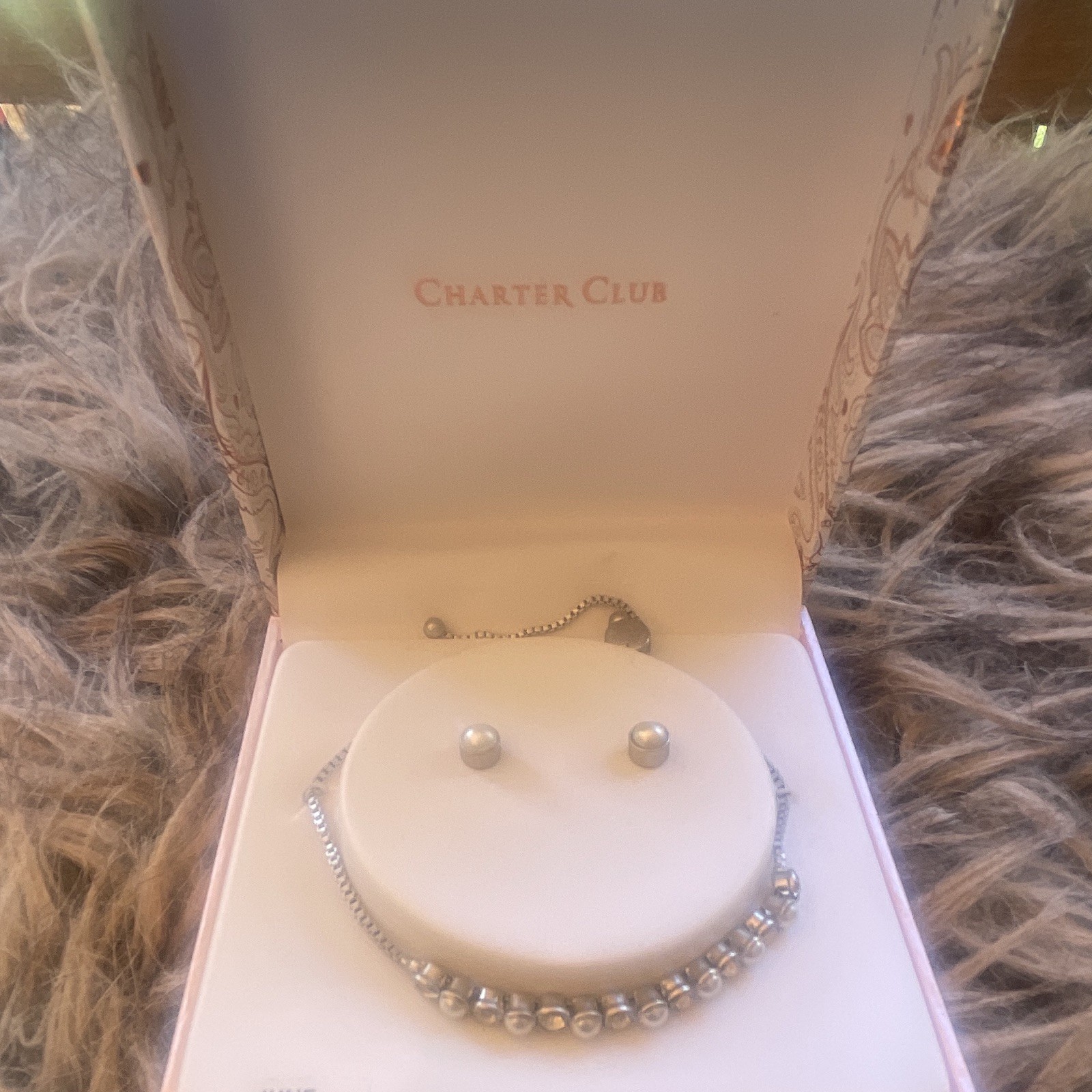 Charter Club Silver Tone White Pearl Jewelry Set Bracelet & Round Earrings