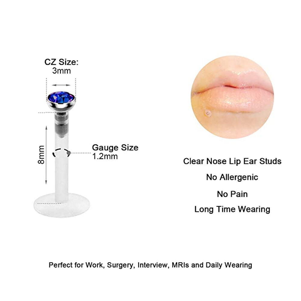 10PCS Clear Lip Rings 16G Acrylic Labret Monroe Daith Helix Stud Earrings 2MM CZ