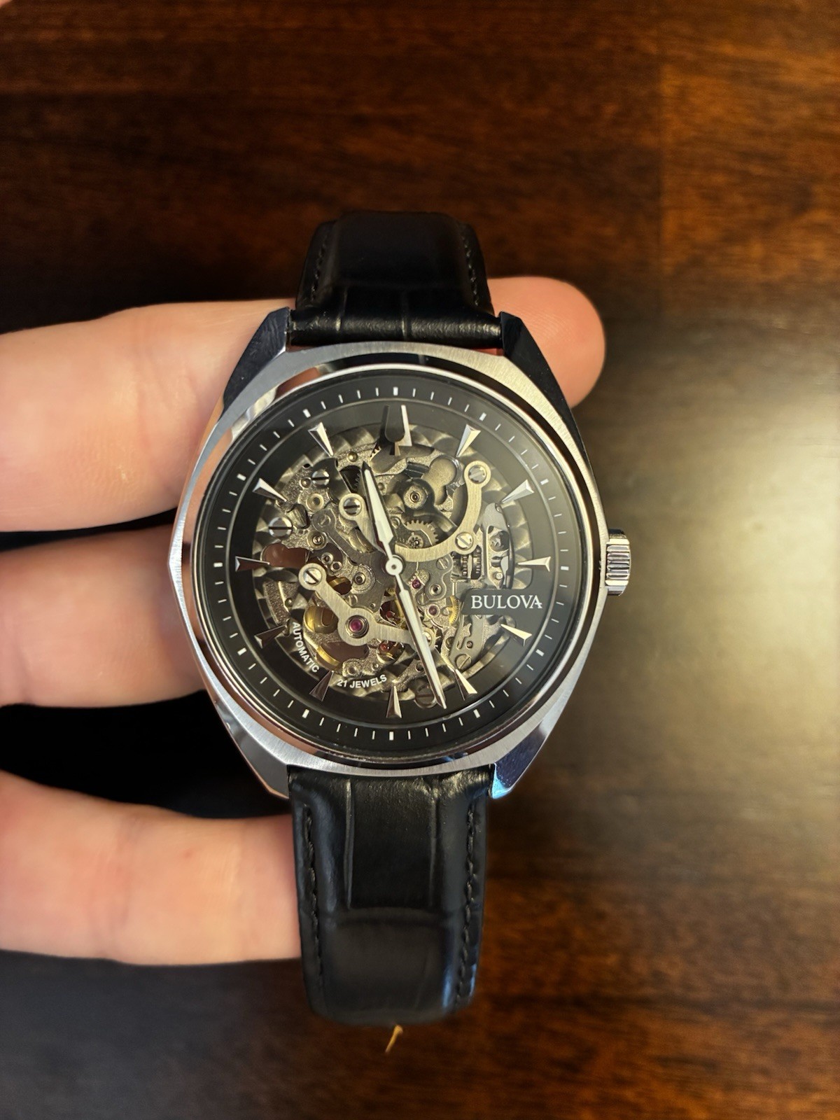 Bulova Surveyor 96A310 Automatic Skeleton Men’s Watch Black Dial Leather