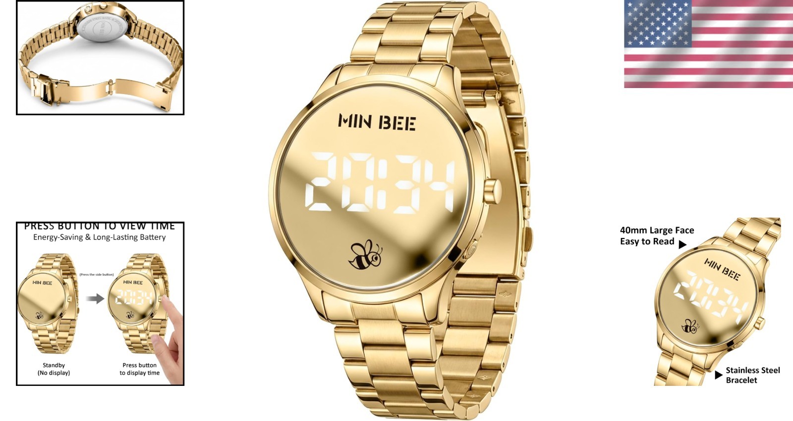 Stylish 40mm Digital Watch – Large Display, Adjustable Stainless Steel Band