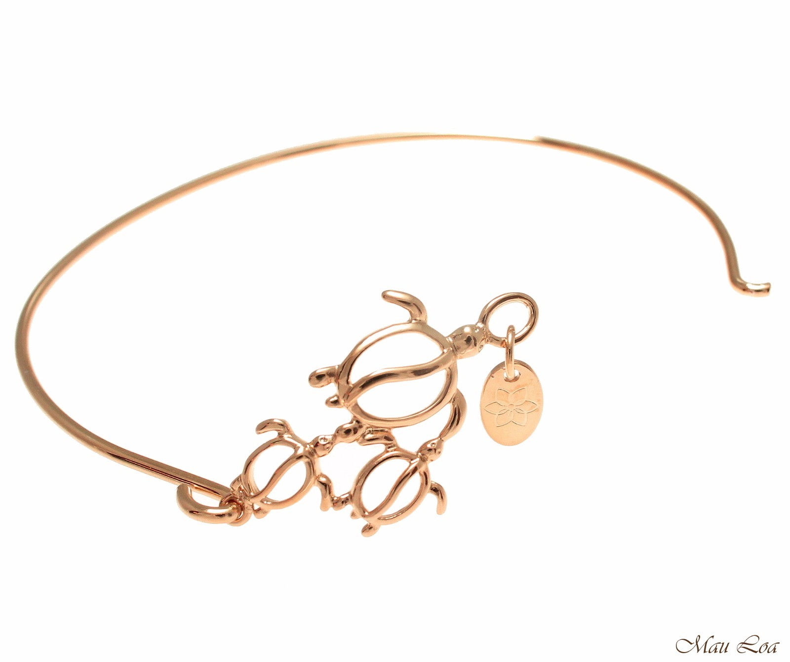 Pink Rose Gold on Brass Hawaiian Honu Turtle Family Open Bangle Bracelet