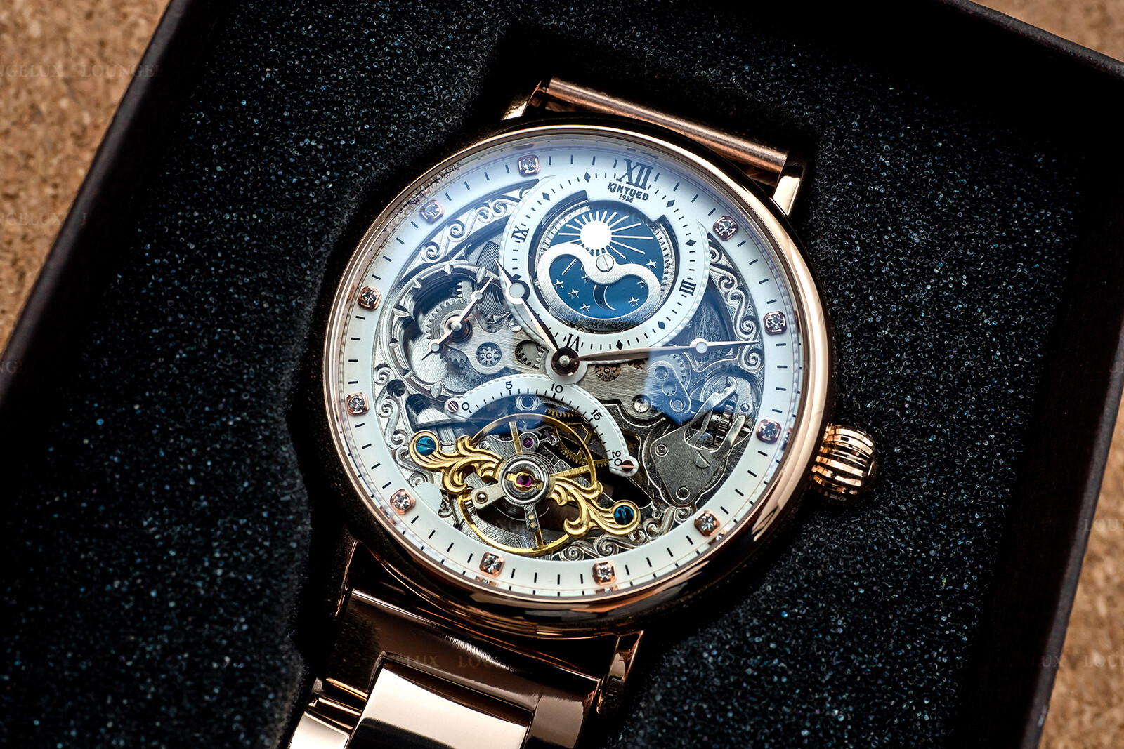 Mens Dual Time Flywheel Automatic Mechanical Watch Rose Gold Stainless Steel