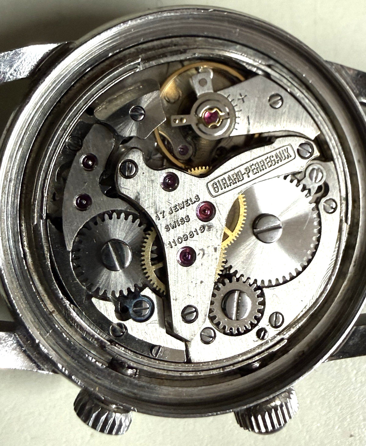 VINTAGE GIRARD PERREGAUX ALARM STAINLESS STEEL MANUAL WIND AS 1475 SWISS WATCH