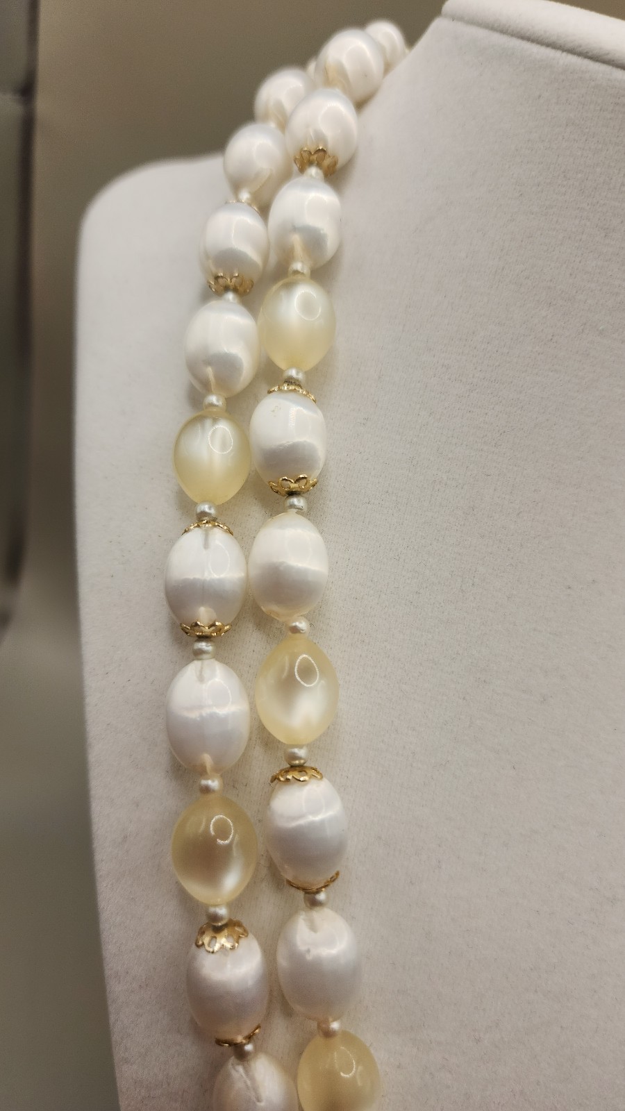 Vintage 1960s Japan Double Strand Necklace Faux Satin Pearl Moonglow Lucite