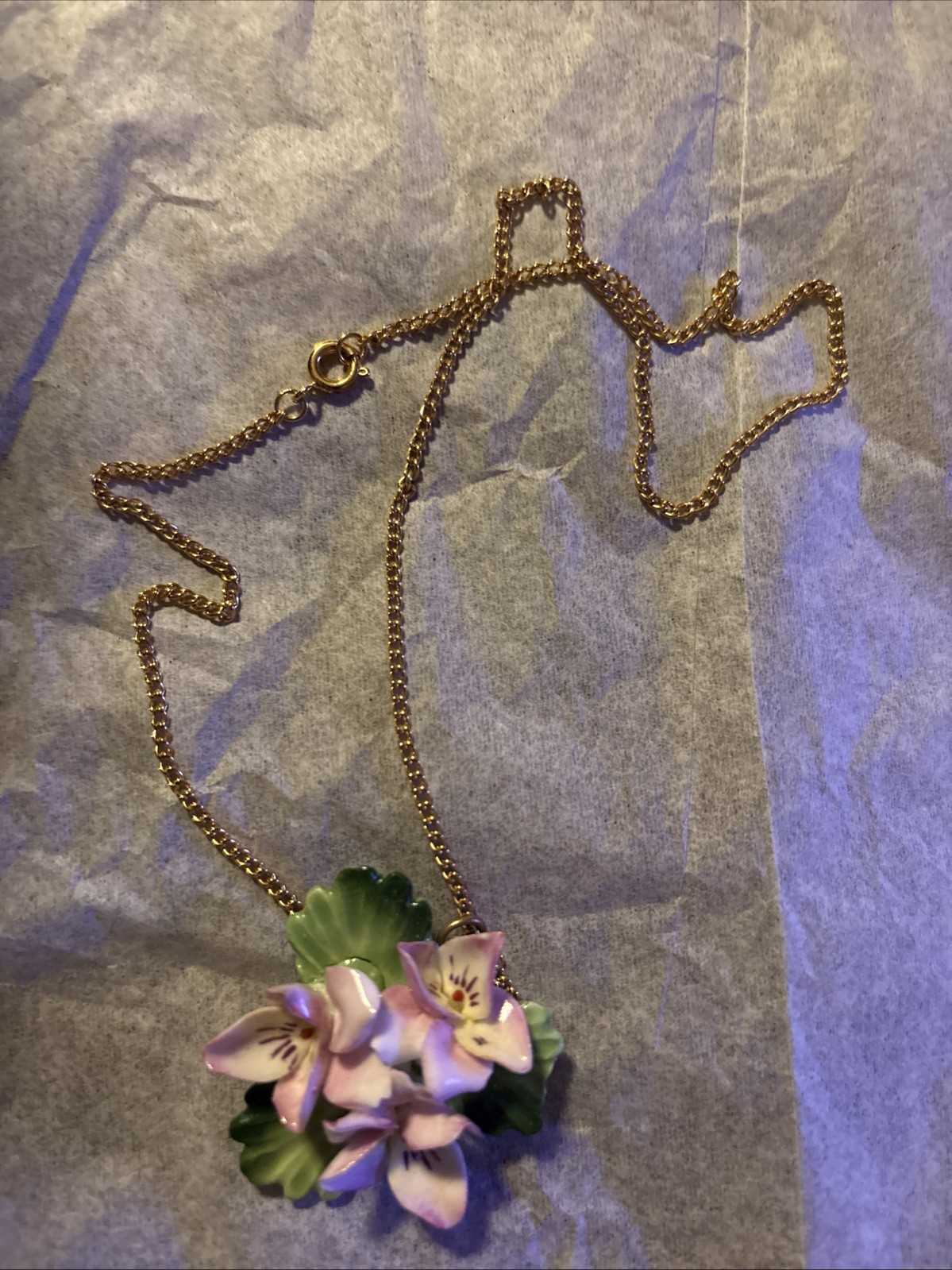 Vintage CARA China Freesia Flower Pendant On A Gold-Toned Staffordshire Necklace