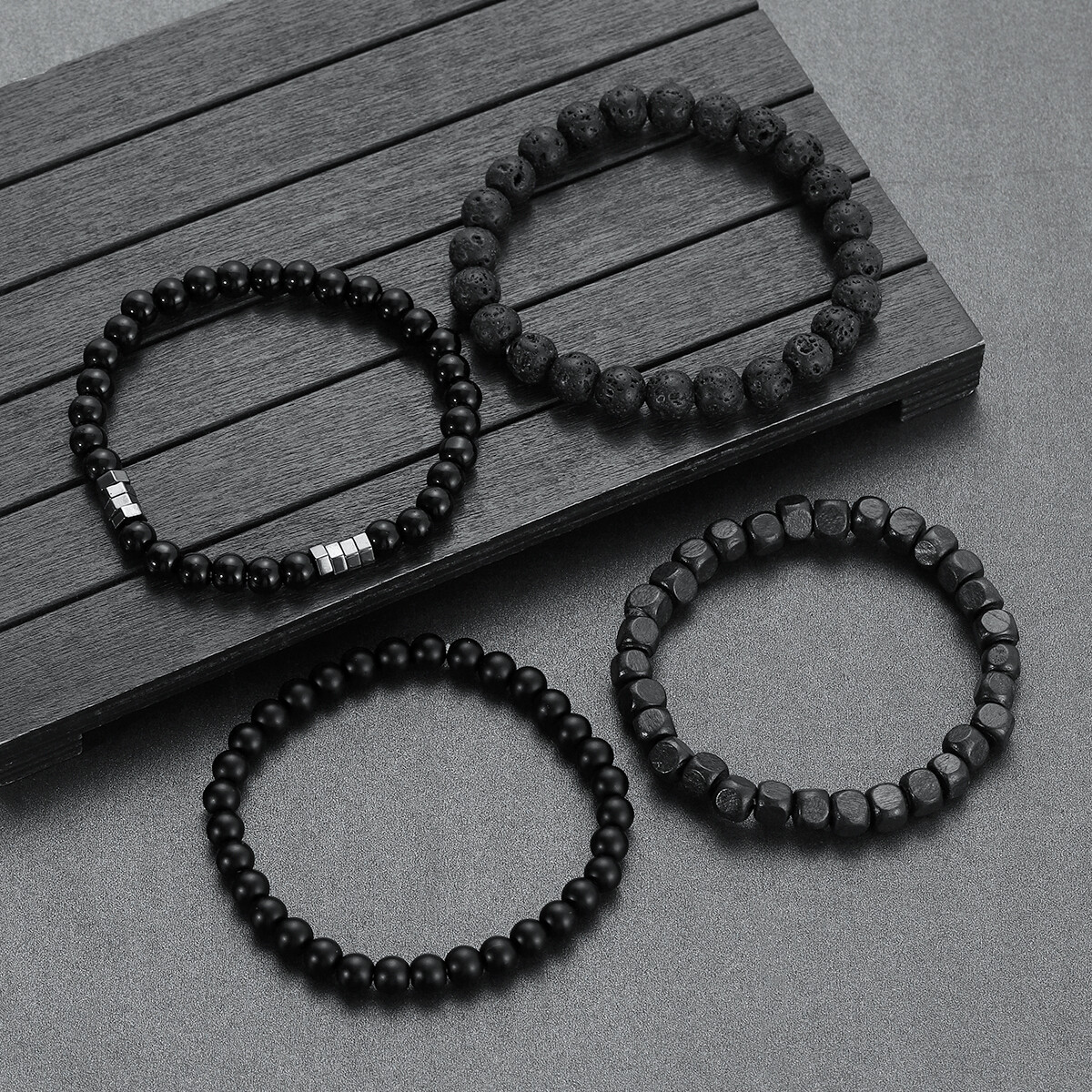 4pcs/Set Casual Style Black Lava Bead Bracelets For Daily Wear Women Men Gift US
