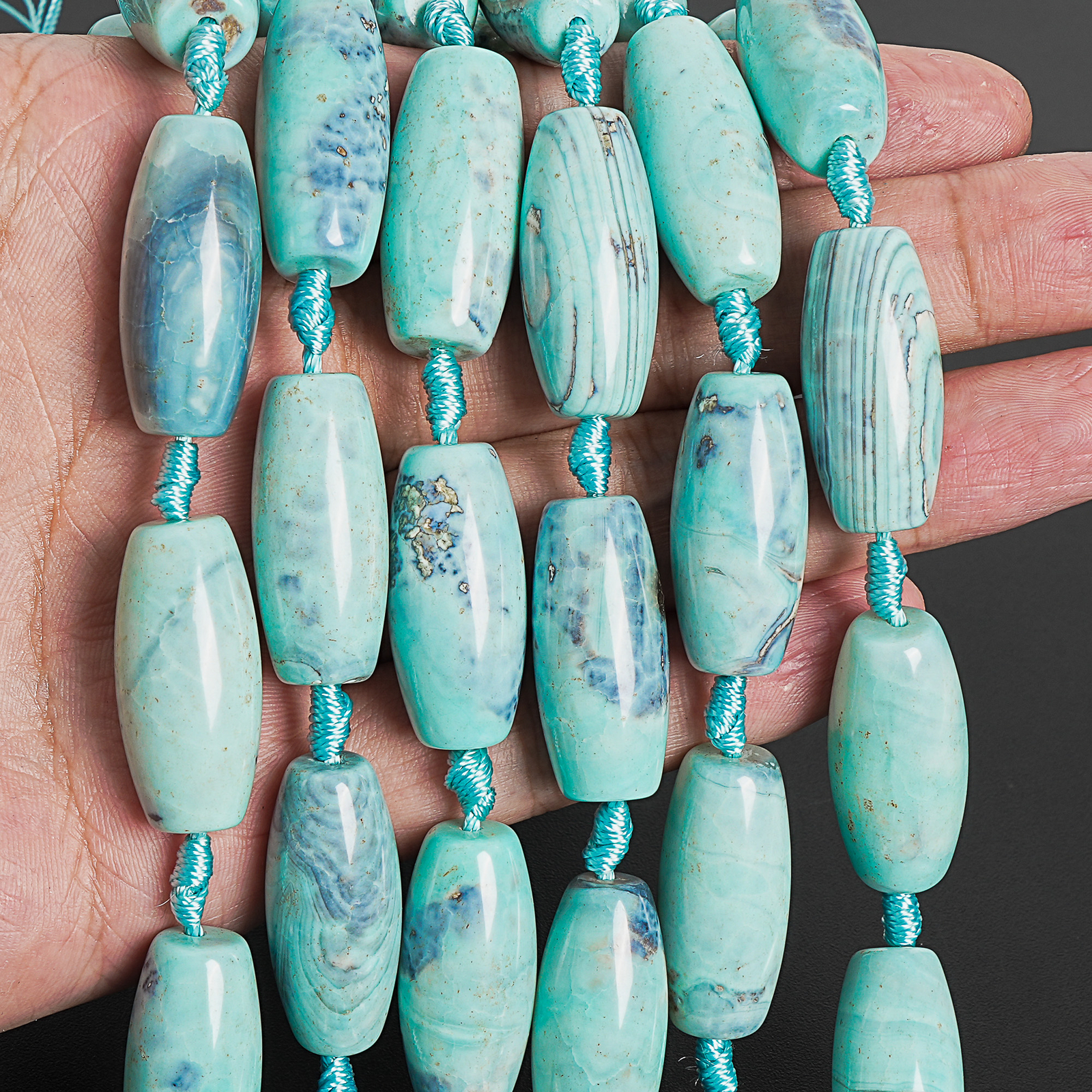 30X13MM Blue Dragon Skin Agate Beads Grade AA Drum Barrel Loose Beads 15″