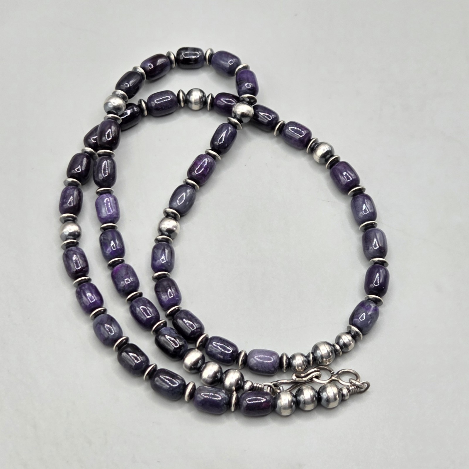 21.5″ Rare Sugilite Sterling Navajo Pearl Necklace Southwest Squash Petite 6+mm