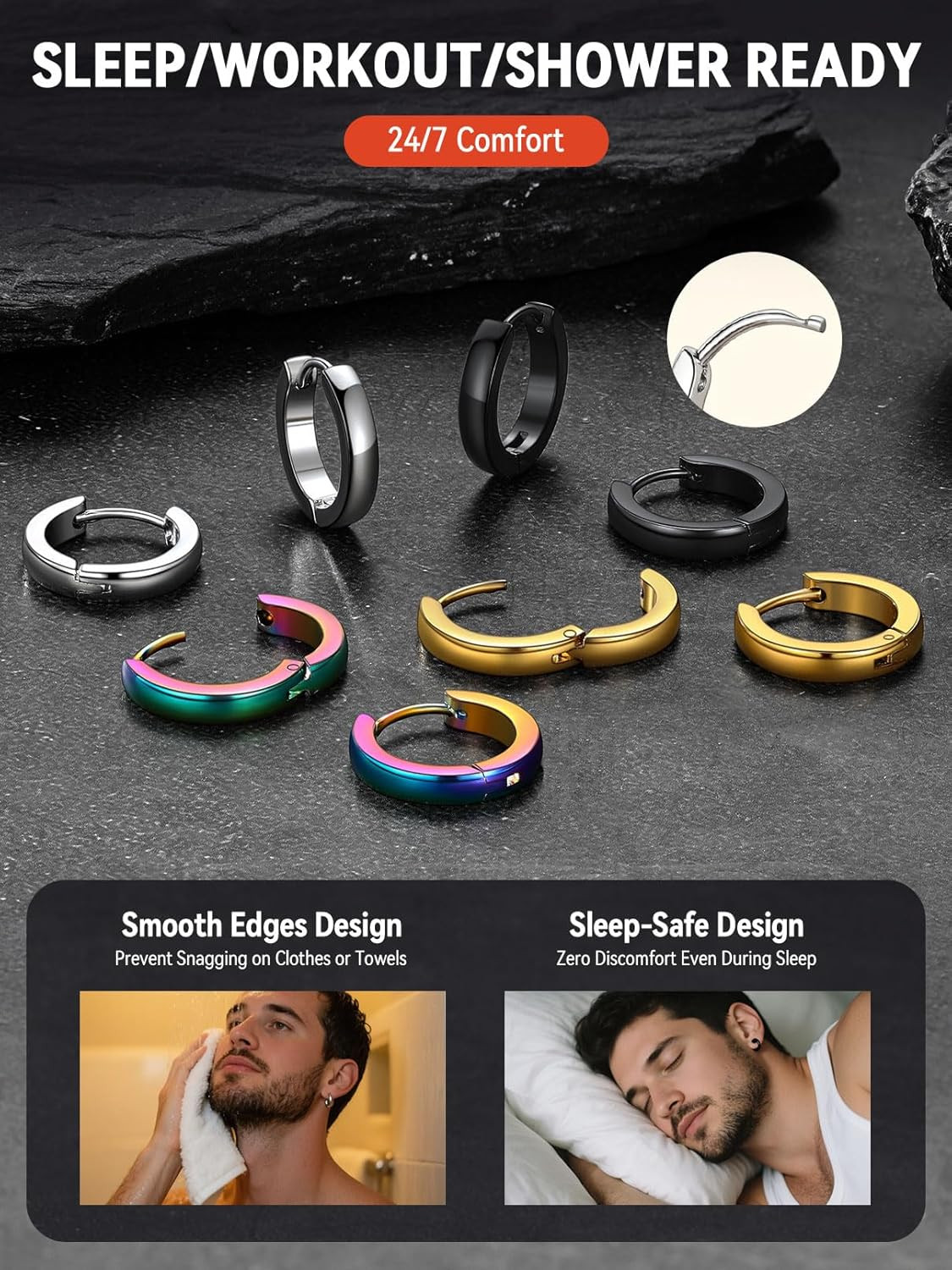 Stainless Steel Black/Silver/Gold Hoop Earrings for Men – Hypoallergenic Small H