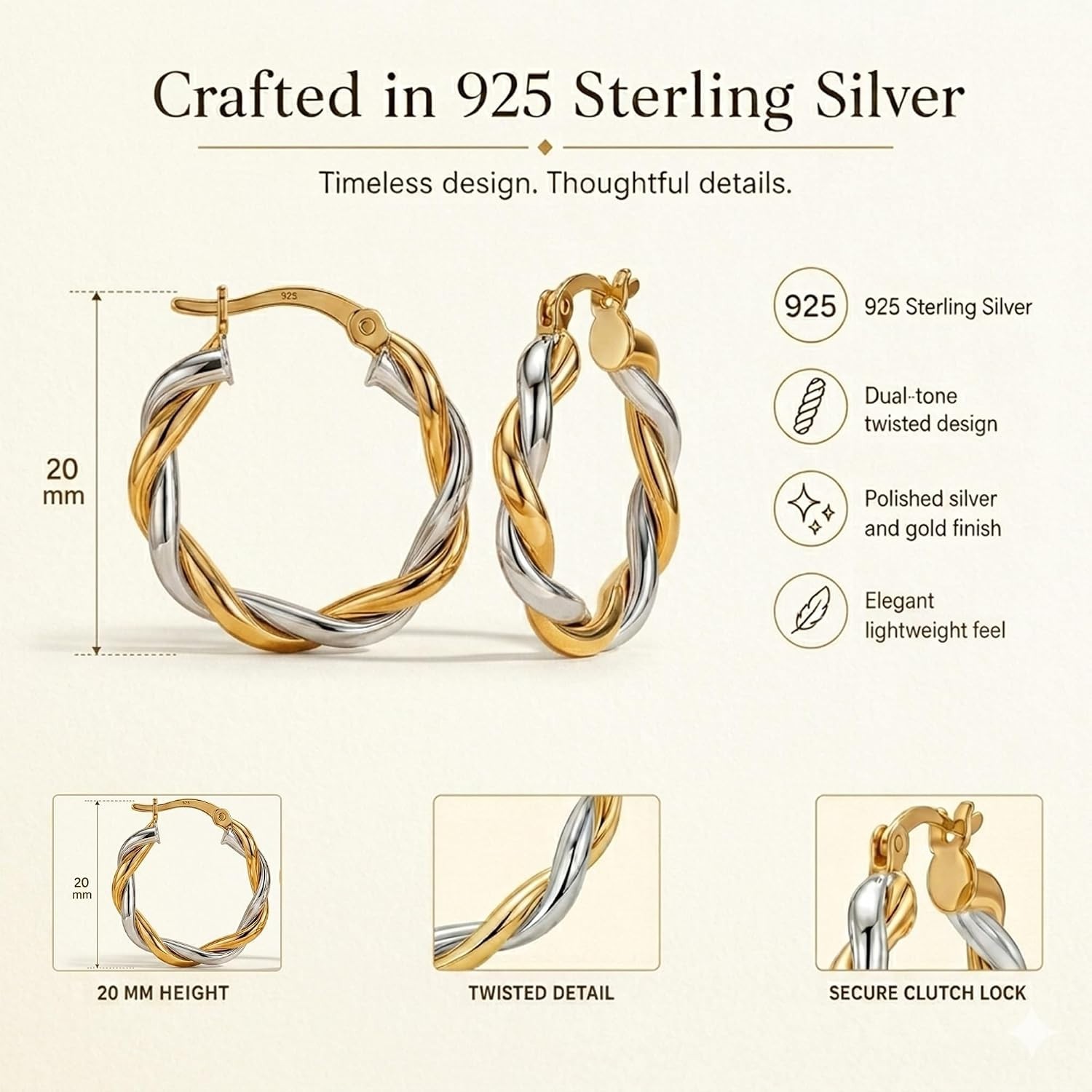 925 Sterling Silver Textured Two-Tone Hoop Earrings 20mm Click-Top Closure