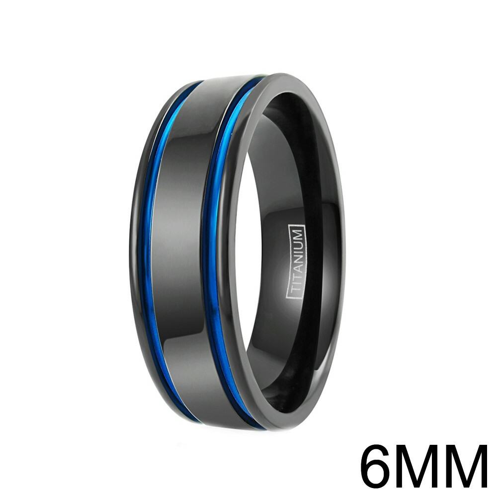 Gunmetal Titanium Men’s Double Blue Stripe Wedding Band Ring Size 5-15