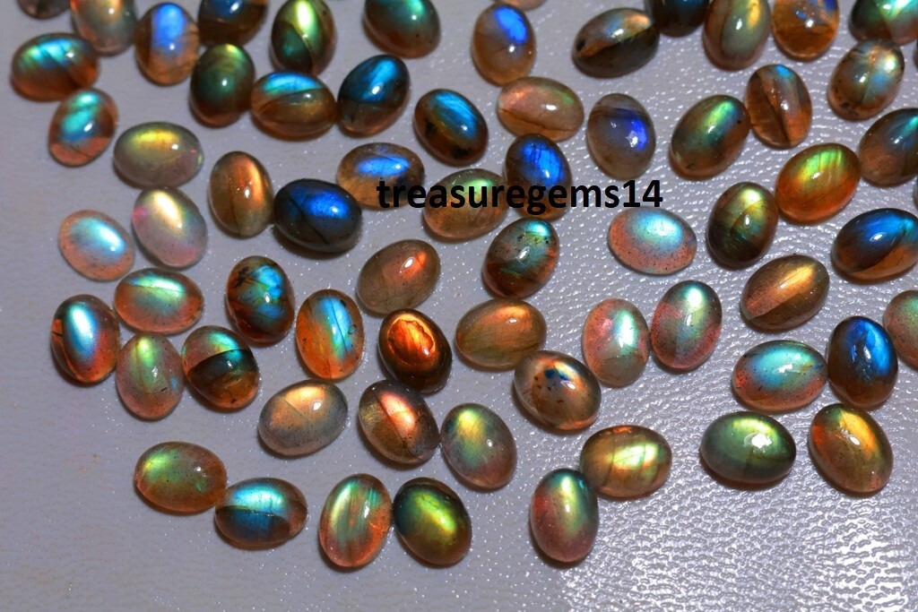 150 CT WHOLESALE LOT NATURAL MULTI FIRE LABRADORITE 7X9 mm OVAL CABOCHON
