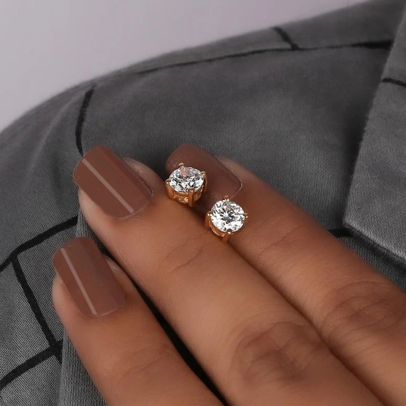 6mm Round Real VVS1 Moissanite 14K Yellow Gold Plated Stud Solitaire Earrings
