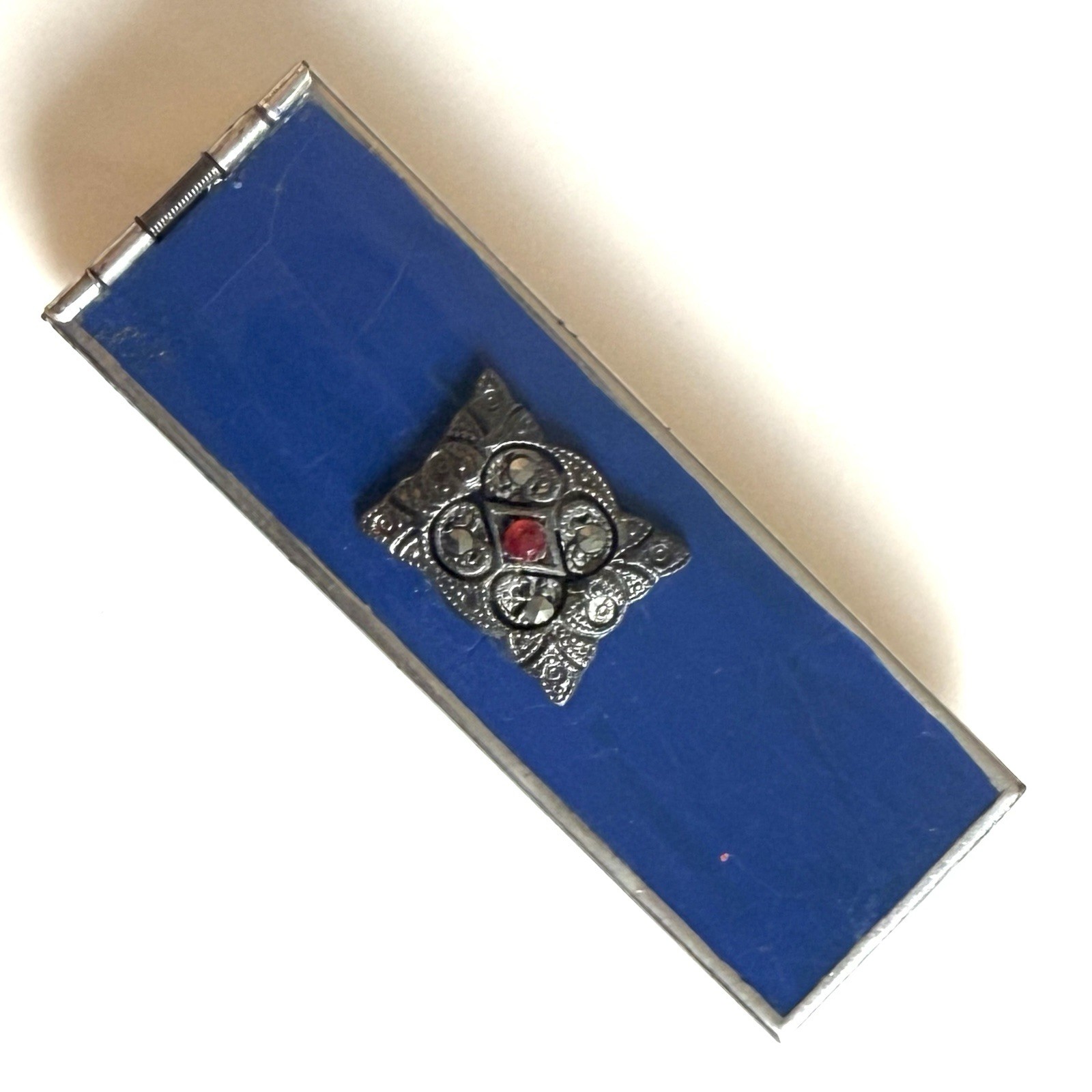 Art Deco Changette Brooch To Hold Dimes Silver Tone Blue Enamel Marcasites