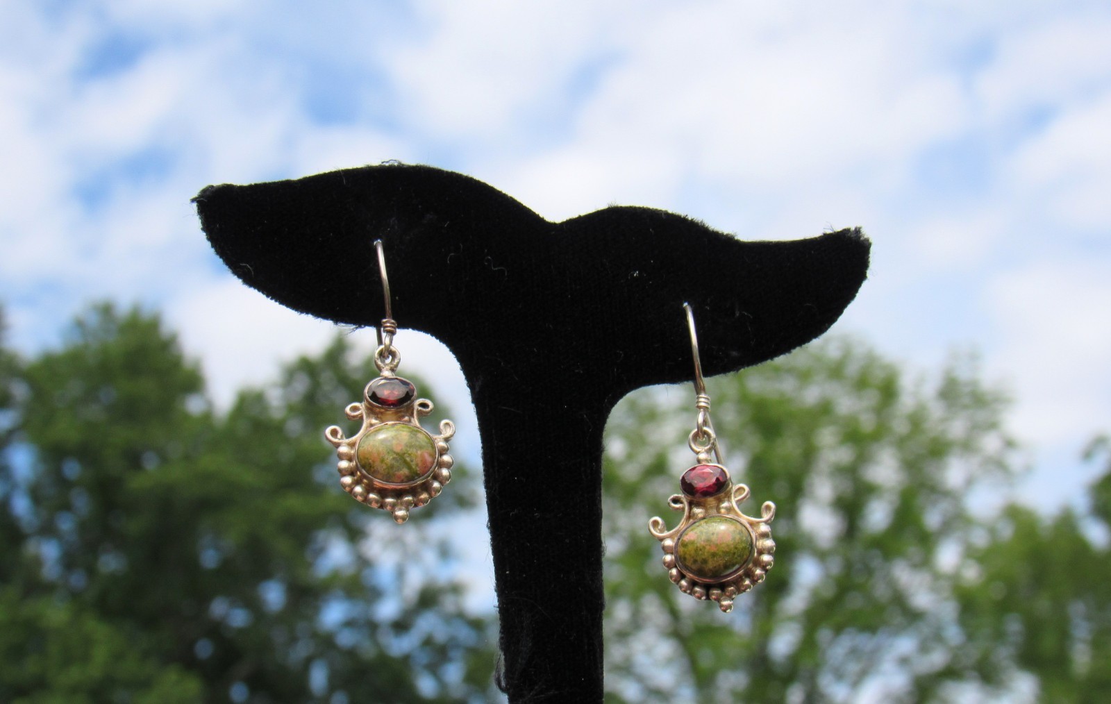 SAJEN Sterling silver 925 Unakite and Garnet Dangle Earrings