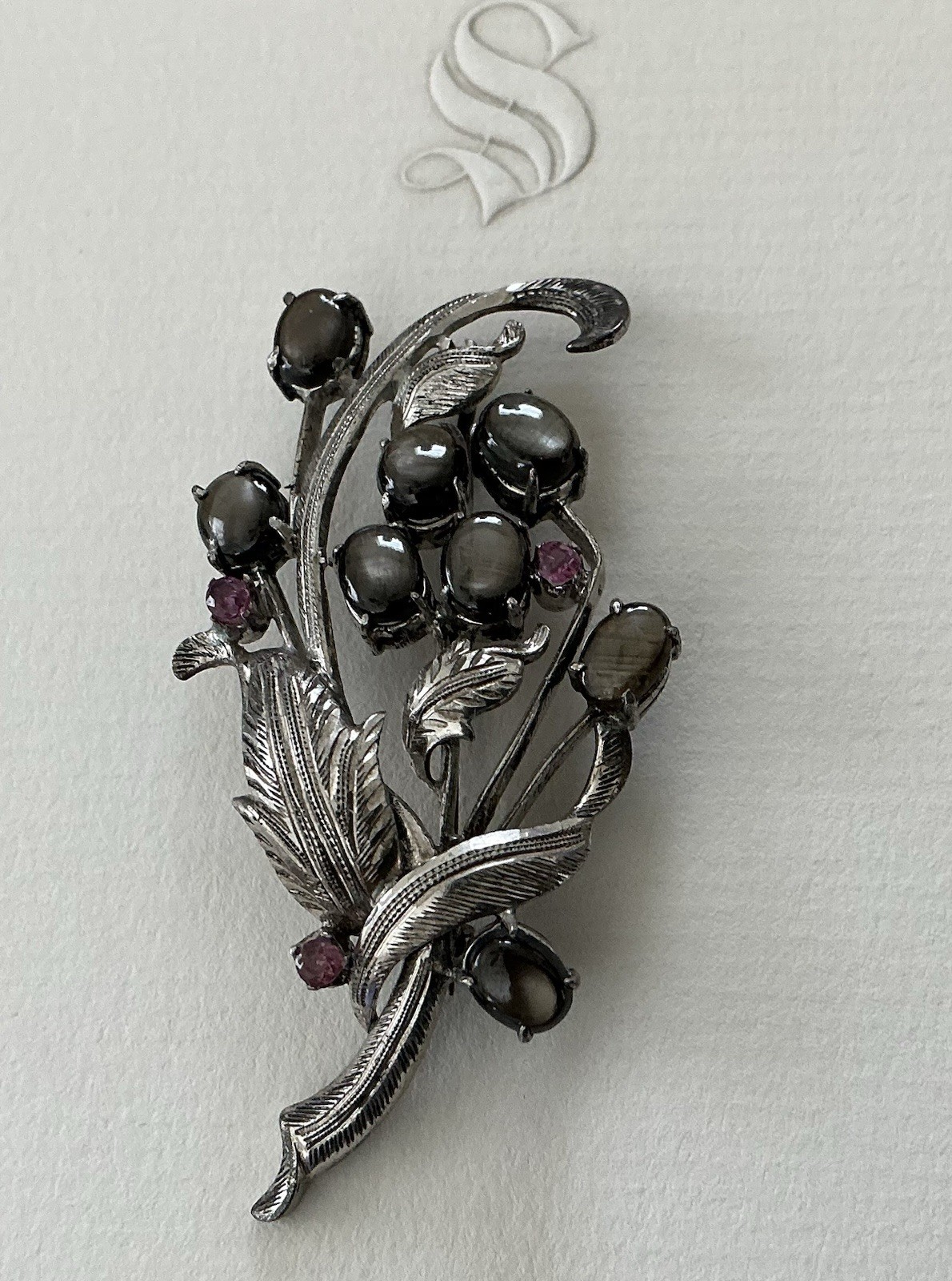 Vintage Sterling Black Star Sapphire & Ruby Floral Bouquet Brooch Pin