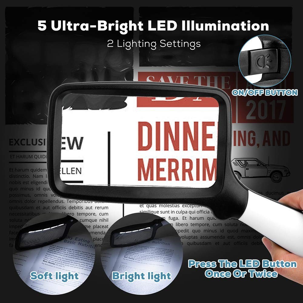 5X Folding Handheld Magnifying Glass with LED Light – Large Rectangle Magnifier