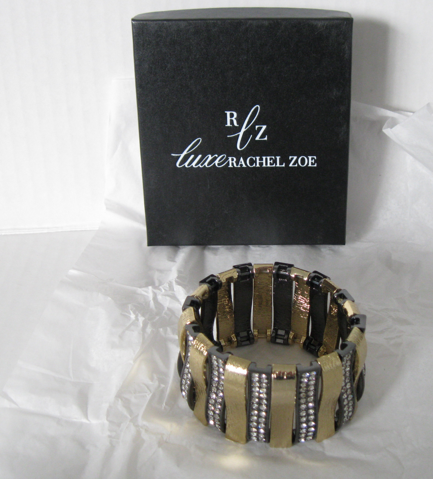 New Luxe Rachel Zoe Arch of Texture & Pave’ Stretch Bracelet Size Large