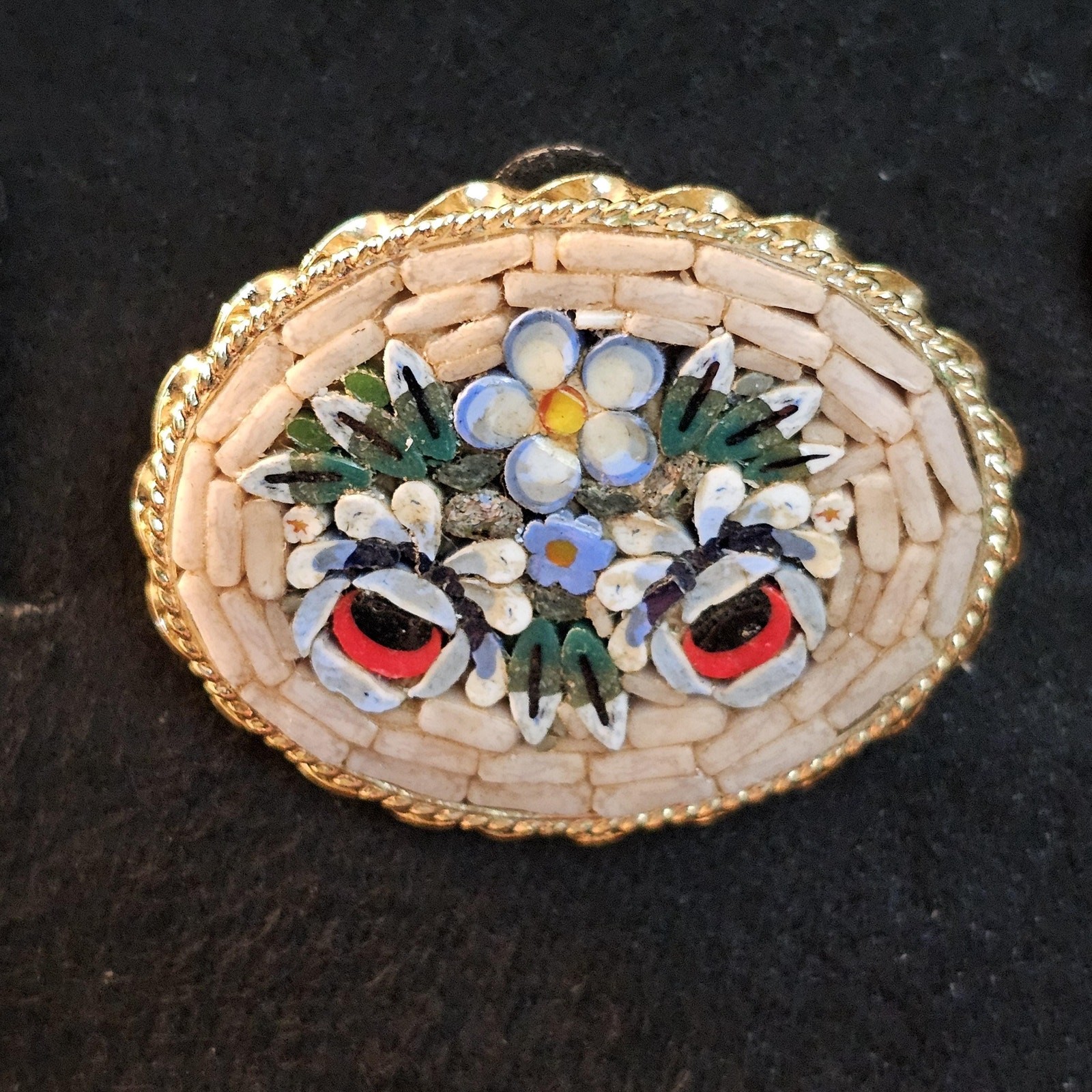 Vintage Italian Floral Micro Mosaic | Cream Basket Weave Design | Made in Italy
