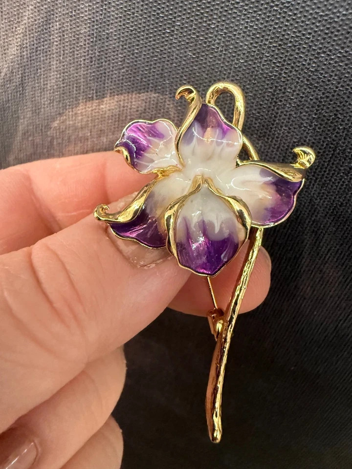 New Orchid Enamel Flower Brooch, 2.28-Inch, 14K Gold‑Plated Pin