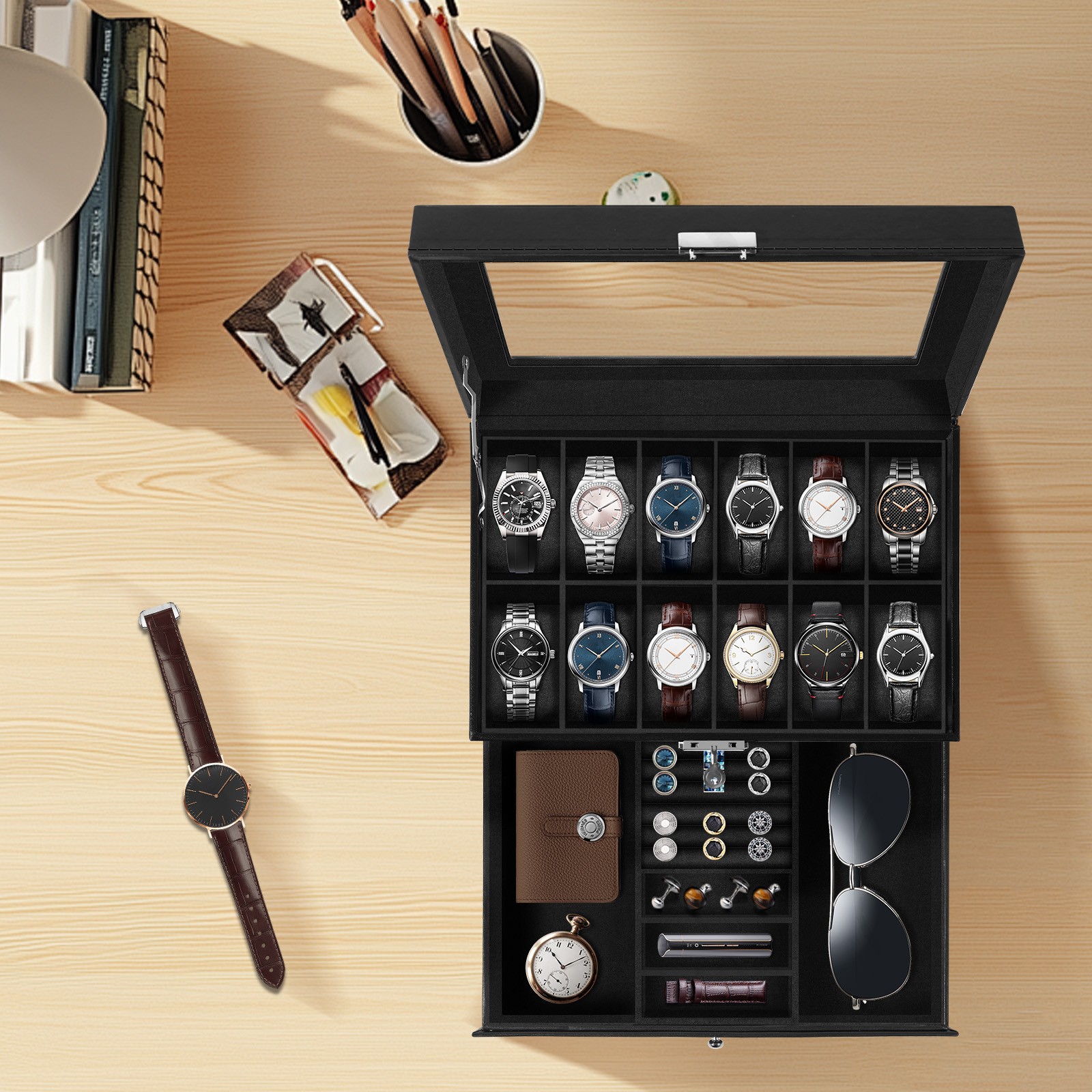 12 Slots Watch Box PU Leather Watch Case Lockable Jewelry Storage Display Case