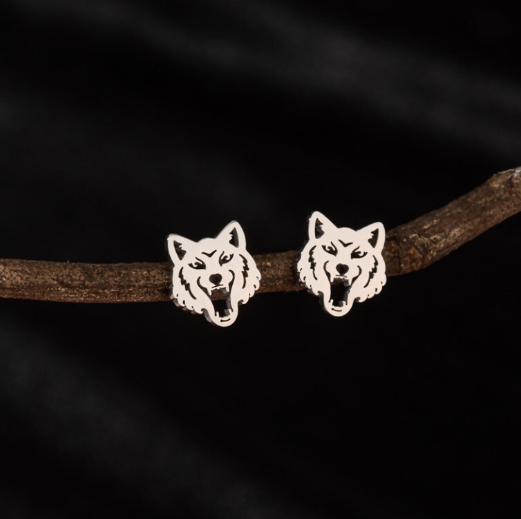 Titanium Silver/Gold/Black Howling Wolf Head Stud Earrings
